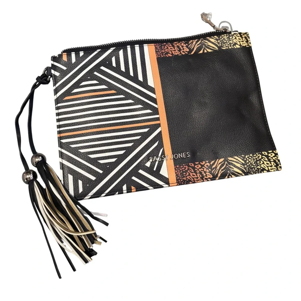 Sassy Jones Clutch Zippered Purse Handbag Black White Orange Animal Print Tassel